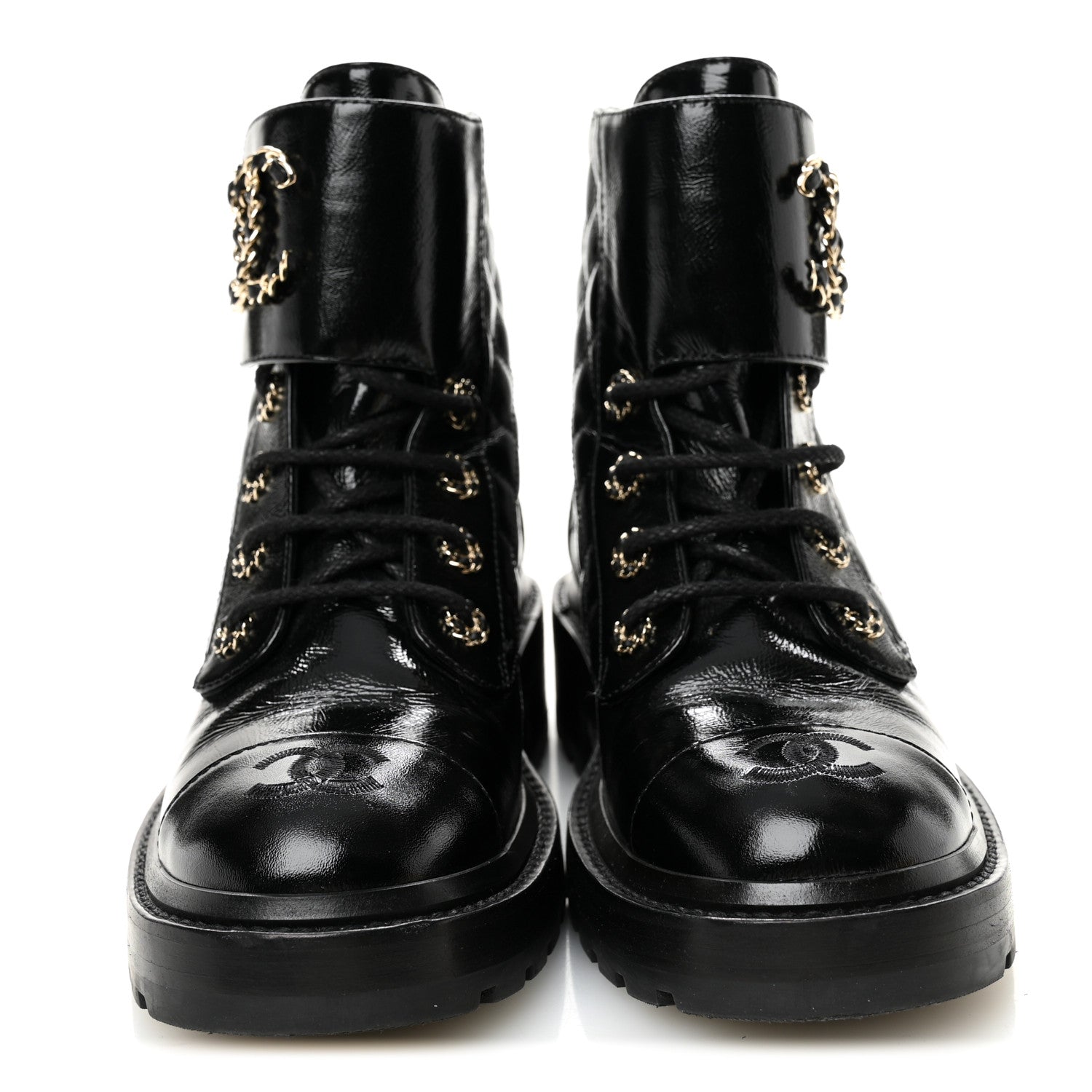 Chanel Shiny Calfskin Quilted Lace Up Combat Boots 37.5 Black