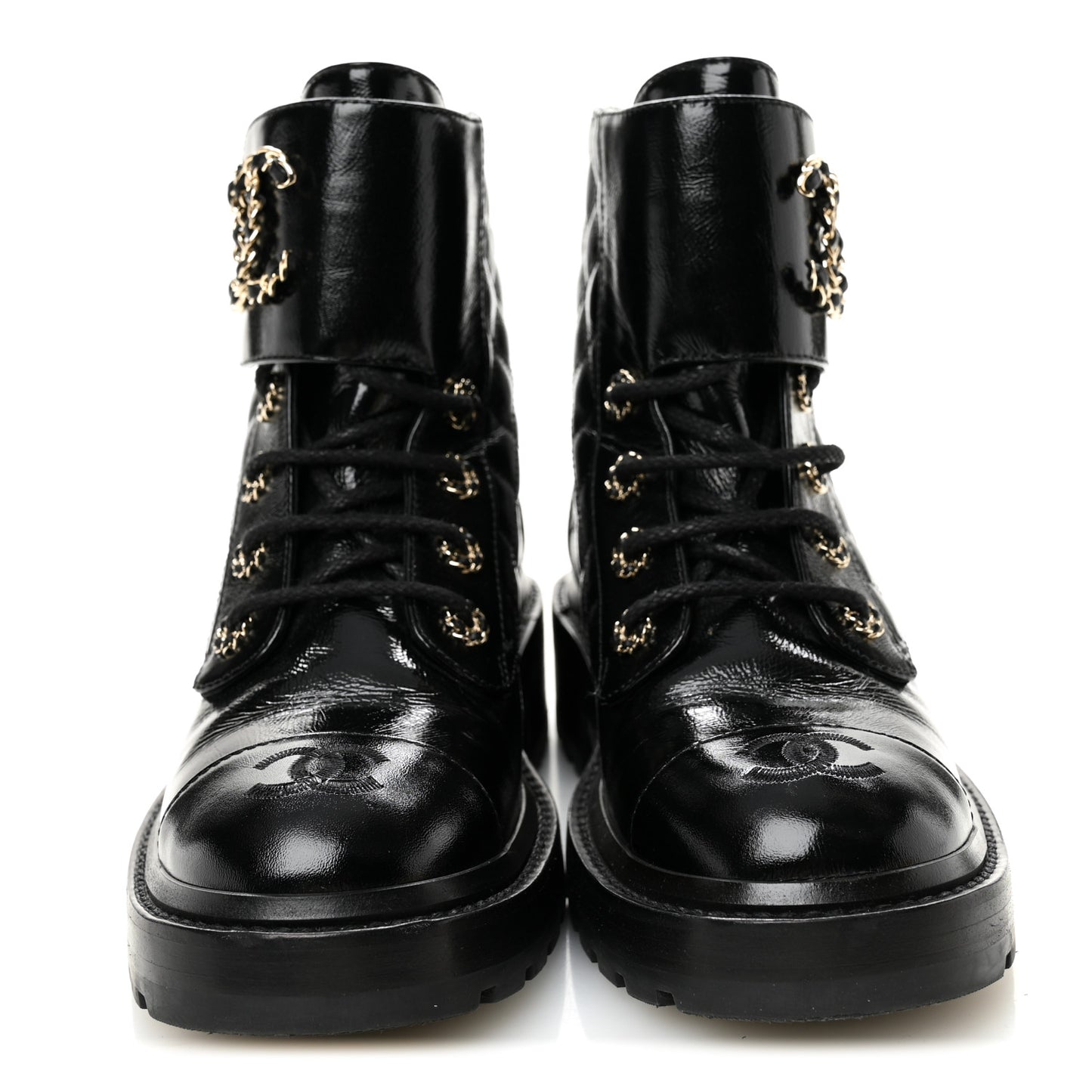 Shiny Calfskin Quilted Lace Up Combat Boots 37.5 Black