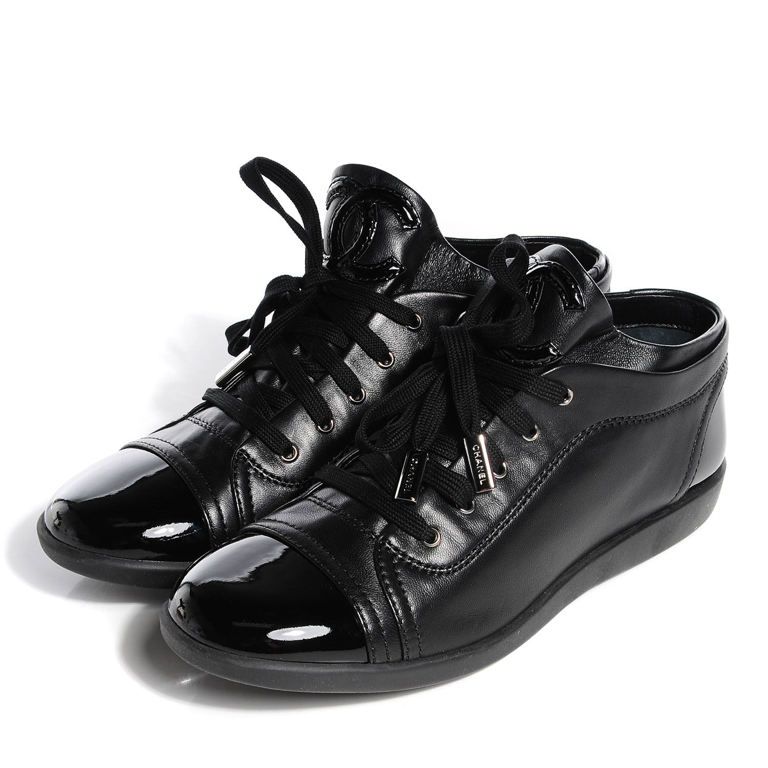 Chanel Leather Patent Cap Toe CC Sneakers 39 Black 3 of 7