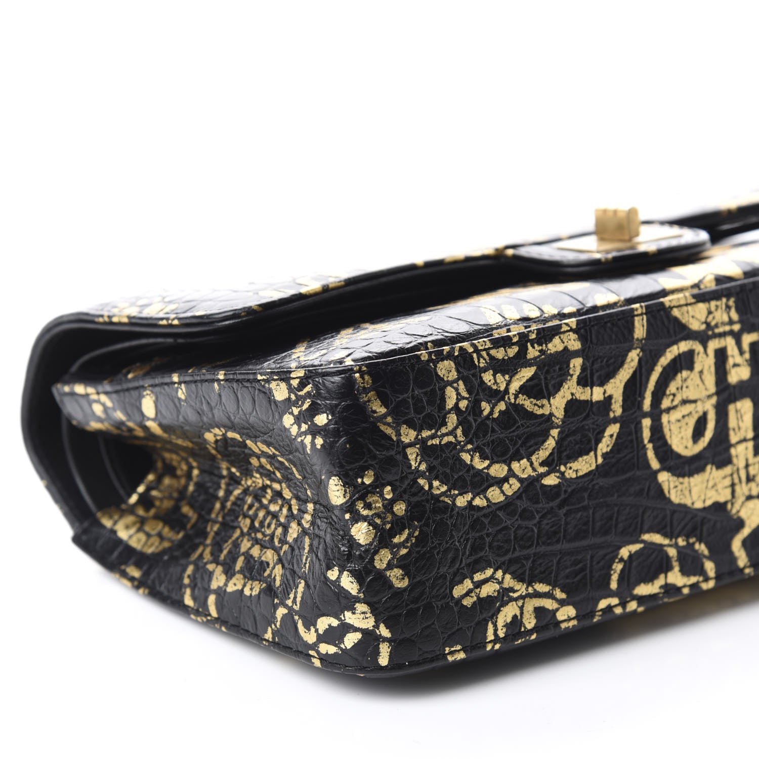Chanel Calfskin Crocodile Embossed Graffiti 2.55 Cocodile Reissue 225 Flap Black Gold 6 of 13