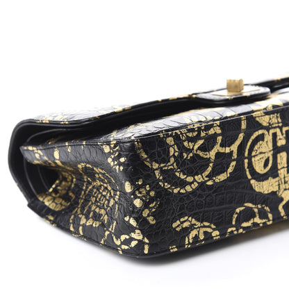Chanel Calfskin Crocodile Embossed Graffiti 2.55 Cocodile Reissue 225 Flap Black Gold 6 of 13