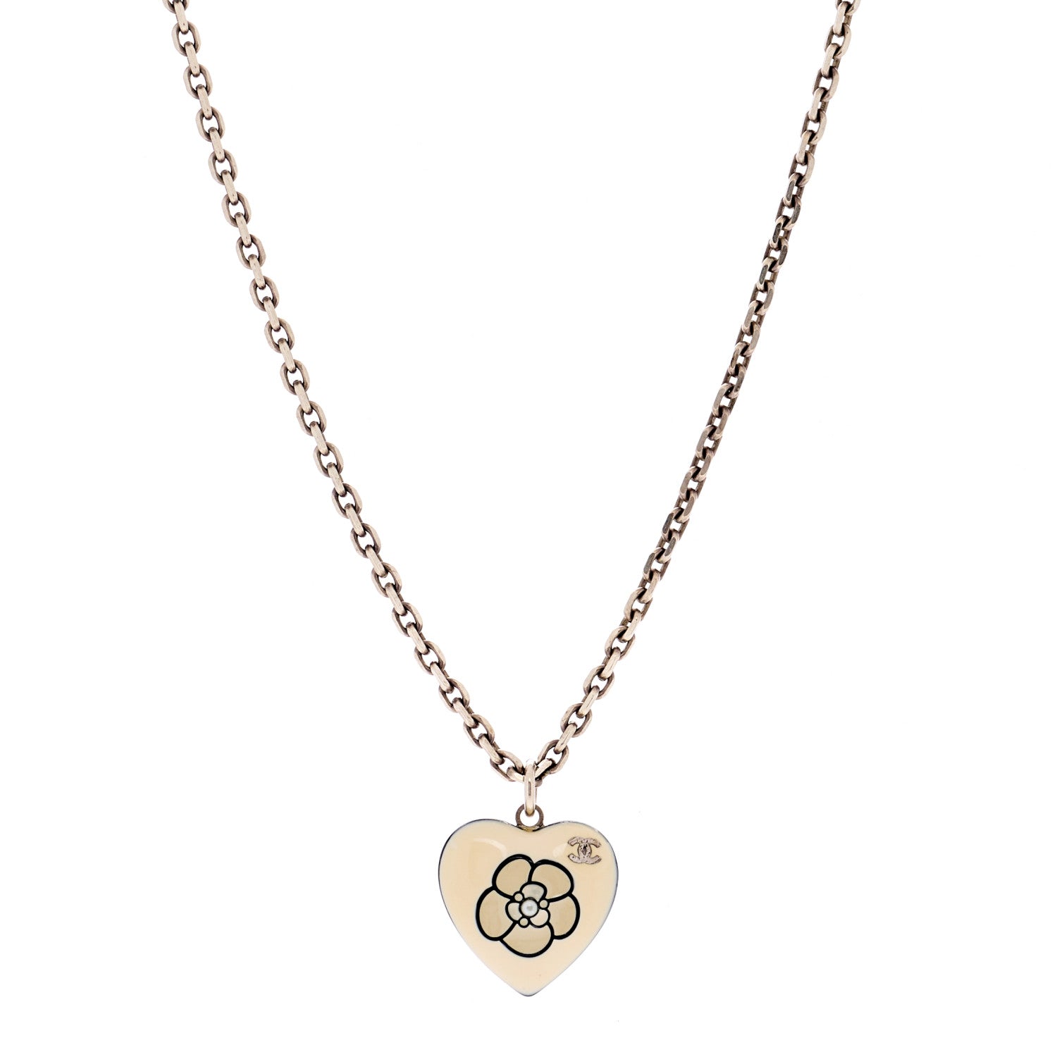 Chanel Enamel Heart CC Camellia Necklace Gold 1 of 3