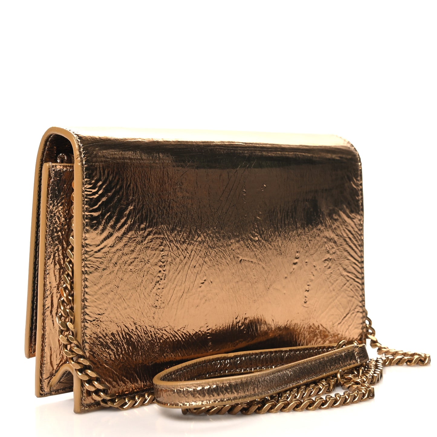 Metallic Crackled Calfskin Kate Monogram Tassel Chain Wallet Gold