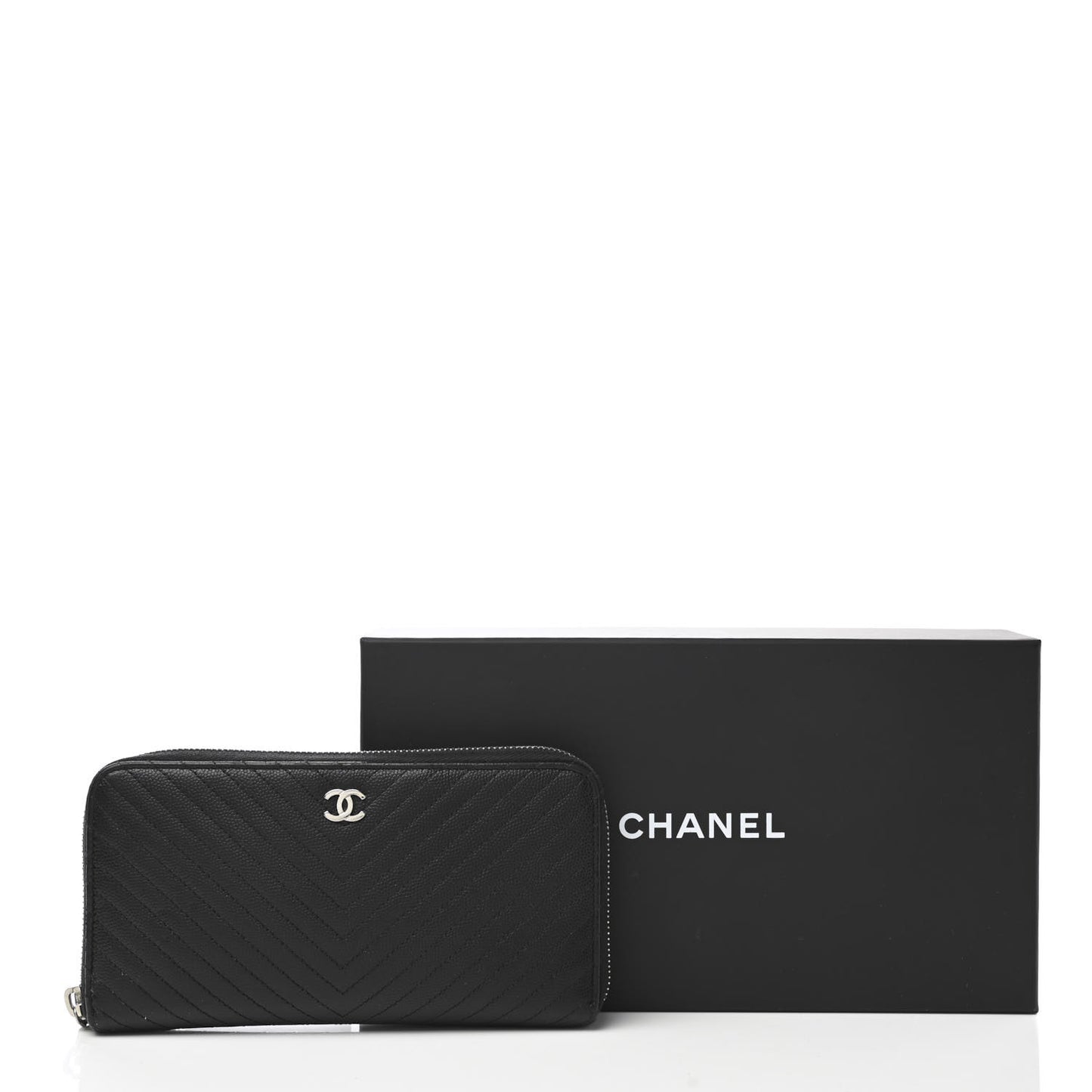Caviar Chevron Quilted Large Gusset Zip Around Wallet Black