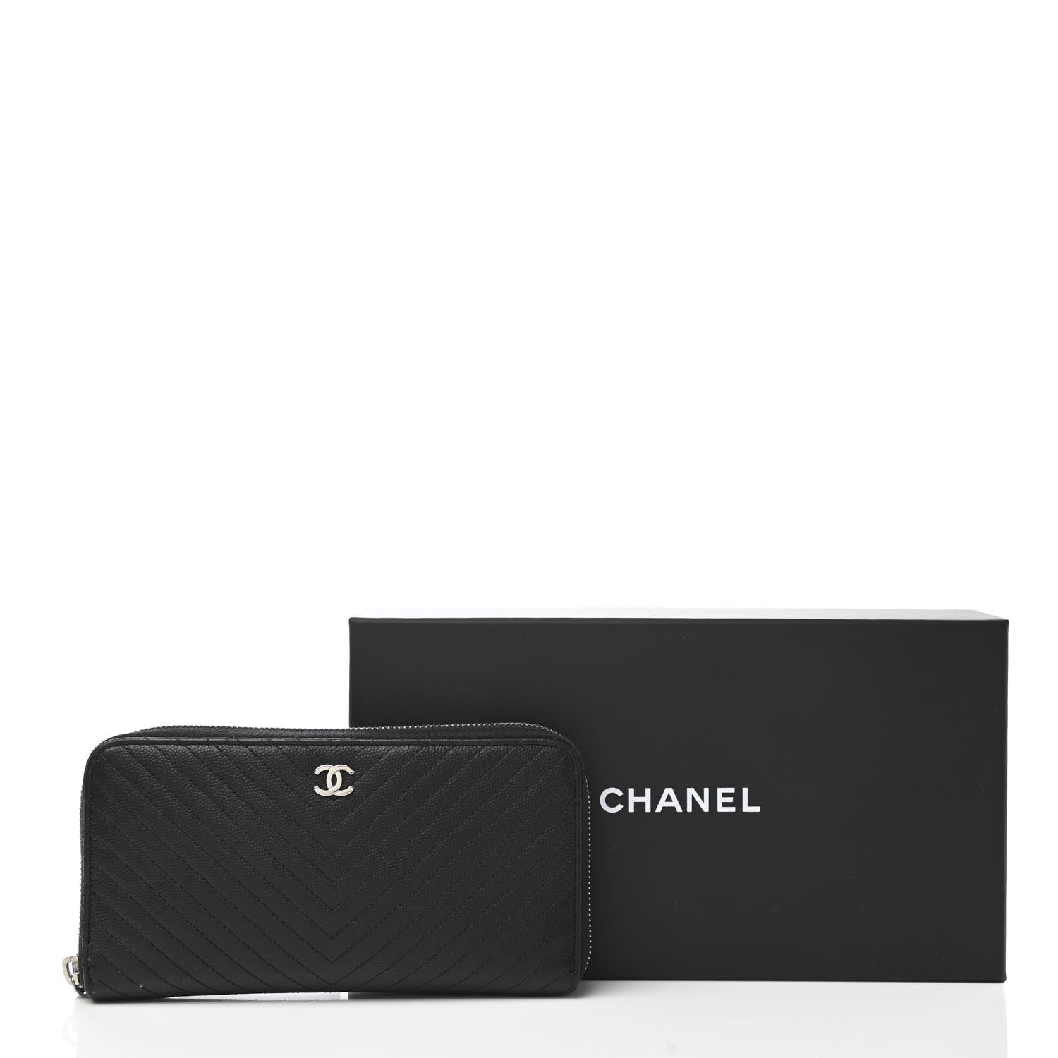 Chanel Caviar Chevron Quilted Large Gusset Zip Around Wallet Black 11 of 11