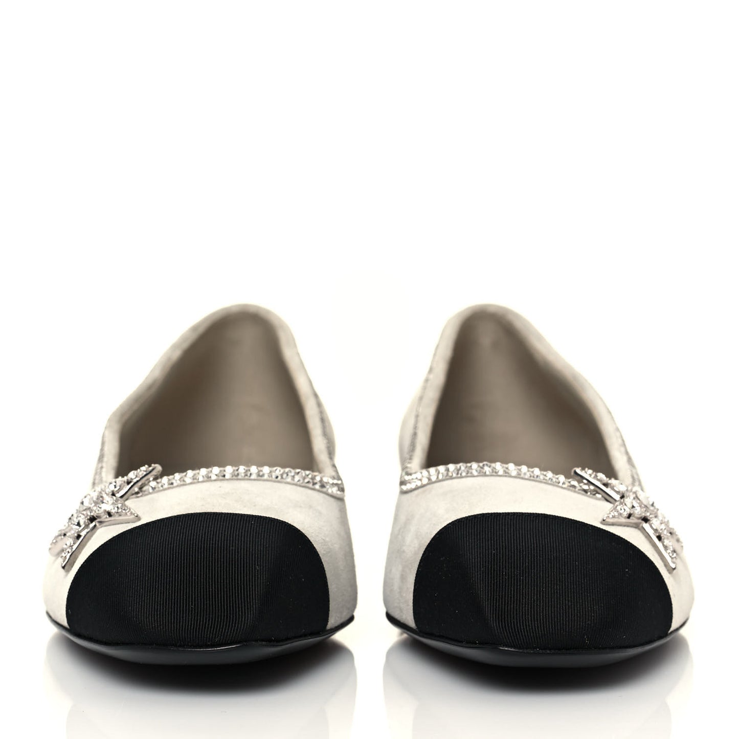 Suede Calfskin Grosgrain Crystal Star Ballerina Flats 38.5 Gray Black