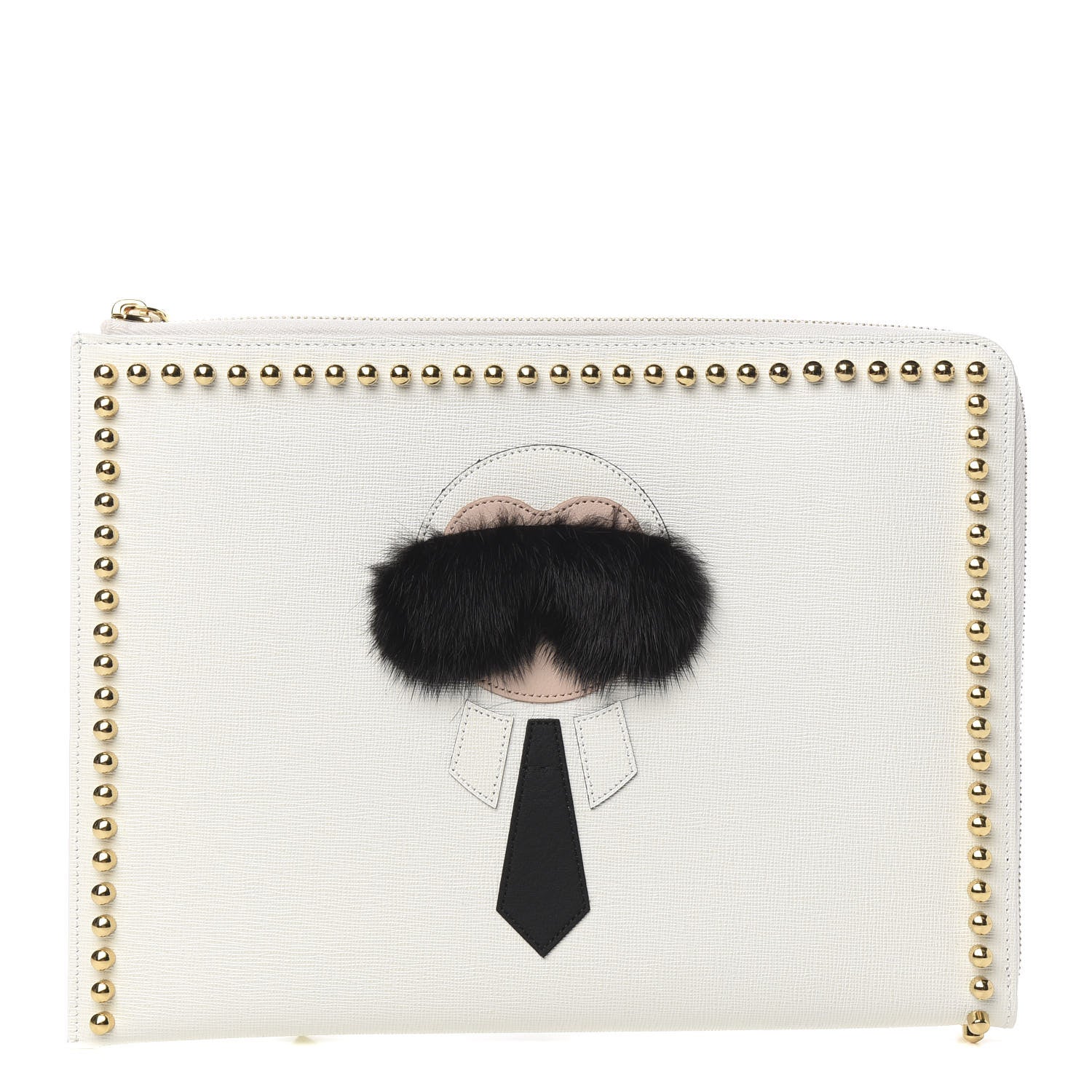 Fendi Vitello Elite Mink Fur Studded Karlito Zip Around Pouch White 1 of 10