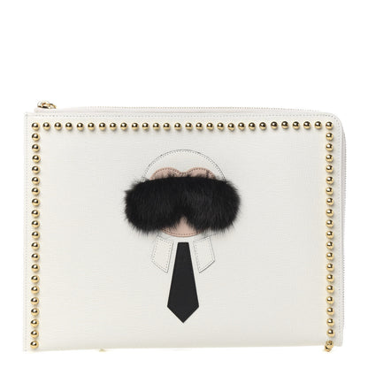 Fendi Vitello Elite Mink Fur Studded Karlito Zip Around Pouch White 1 of 10