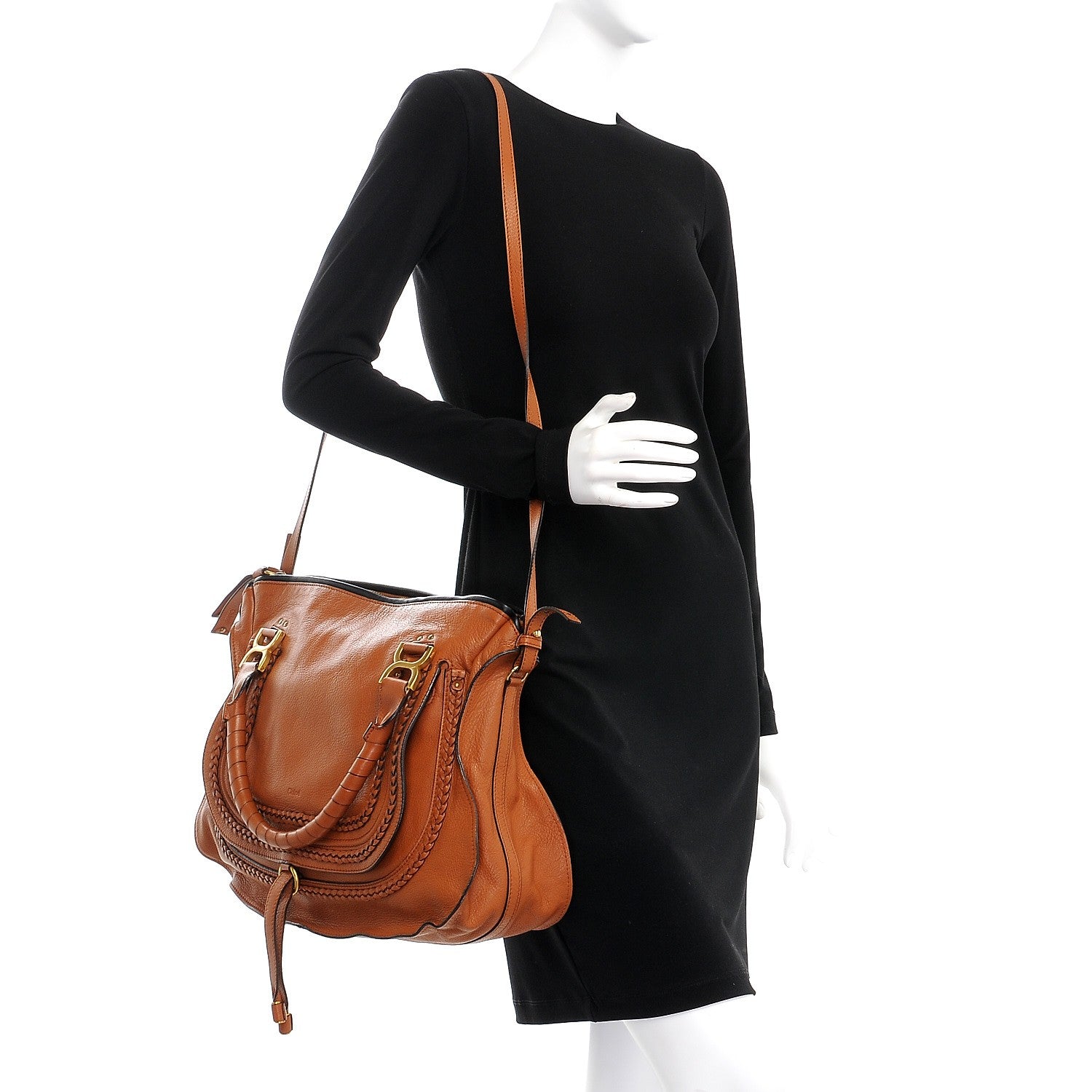 Chloe Calfskin Braided Large Marcie Satchel Caramel 2 of 8