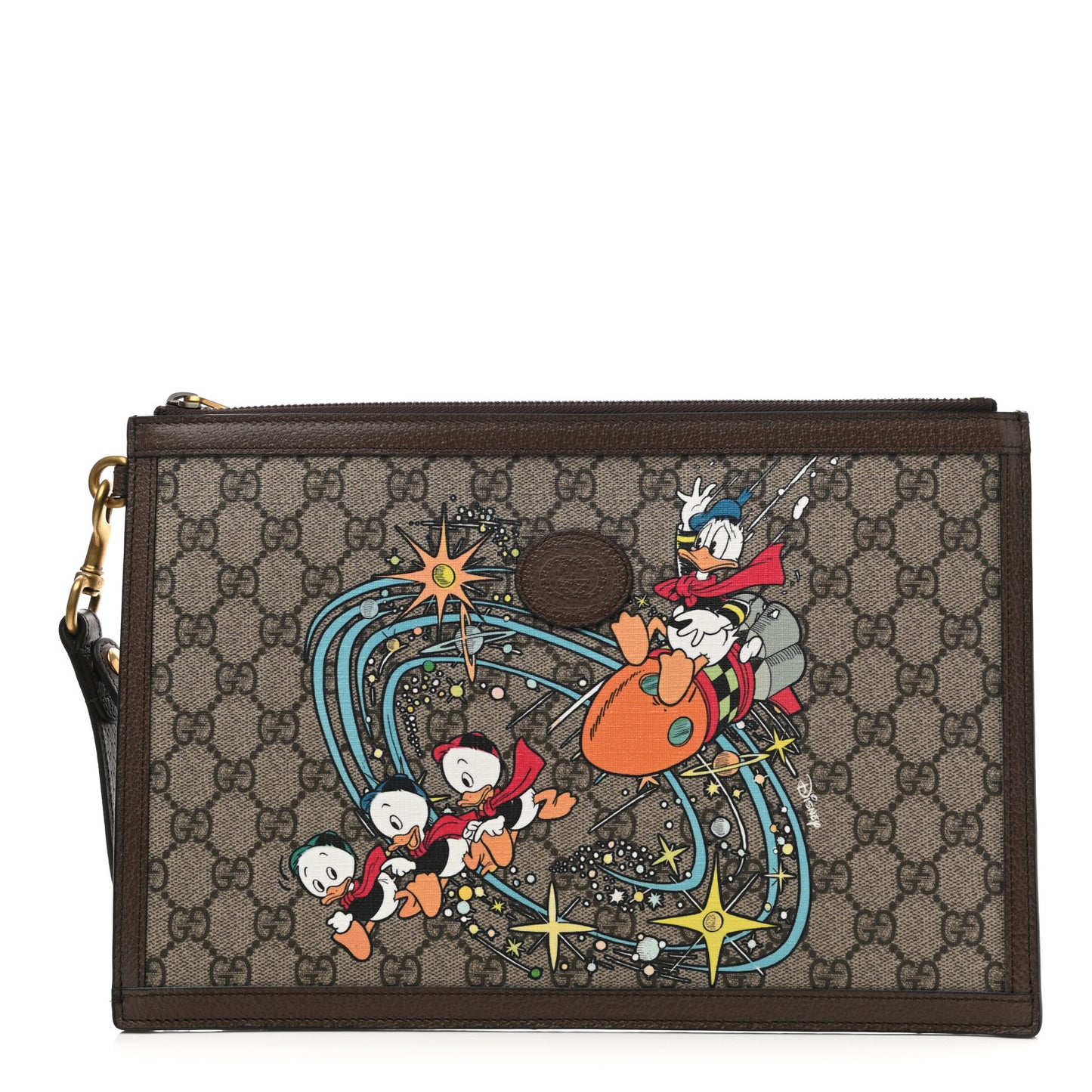 X DISNEY GG Supreme Monogram Donald Duck Interlocking G Wristlet Pouch Beige Multicolor New Acero
