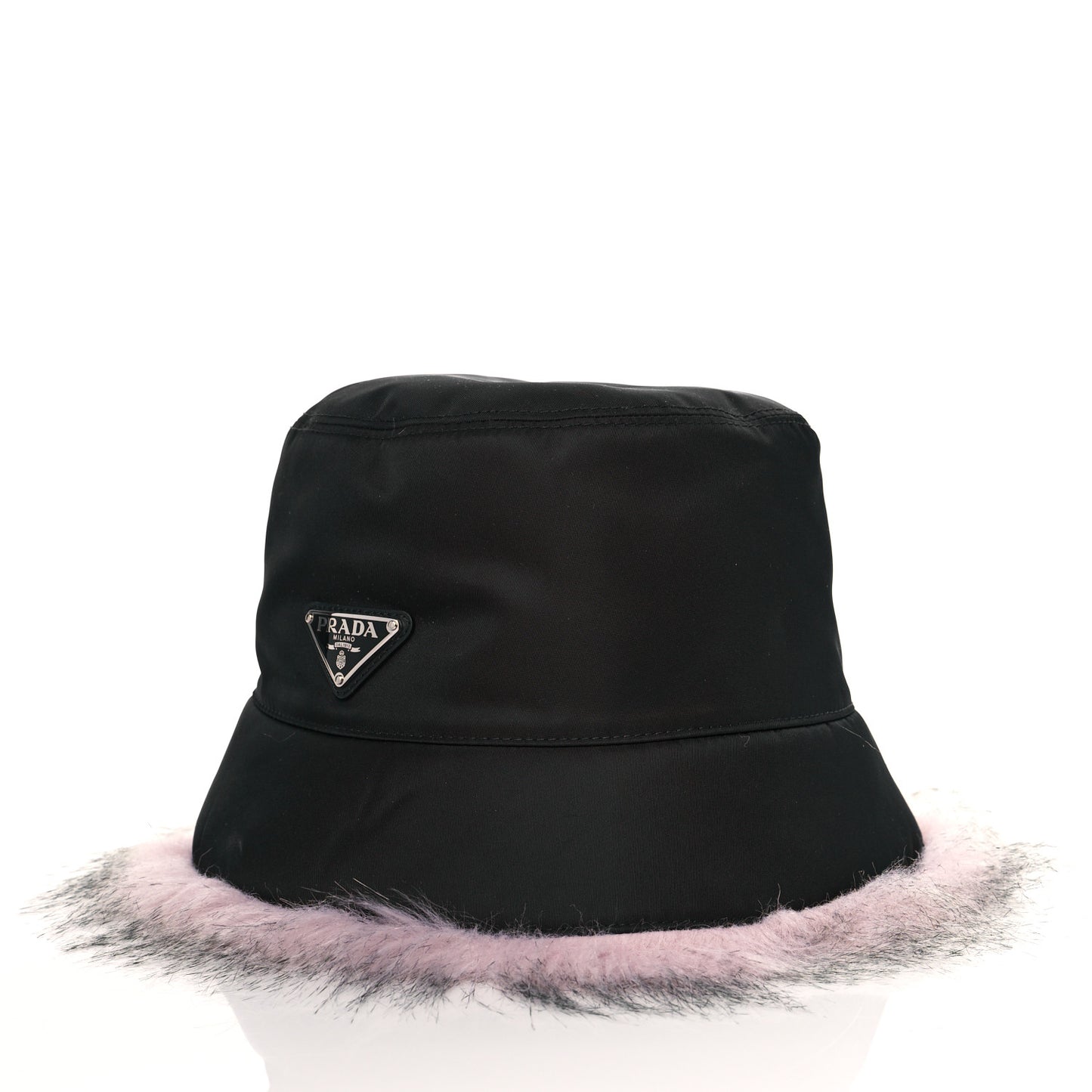 Re-Nylon Faux Fur Metal Triangle Logo Womens Bucket Hat M Black Alabastro
