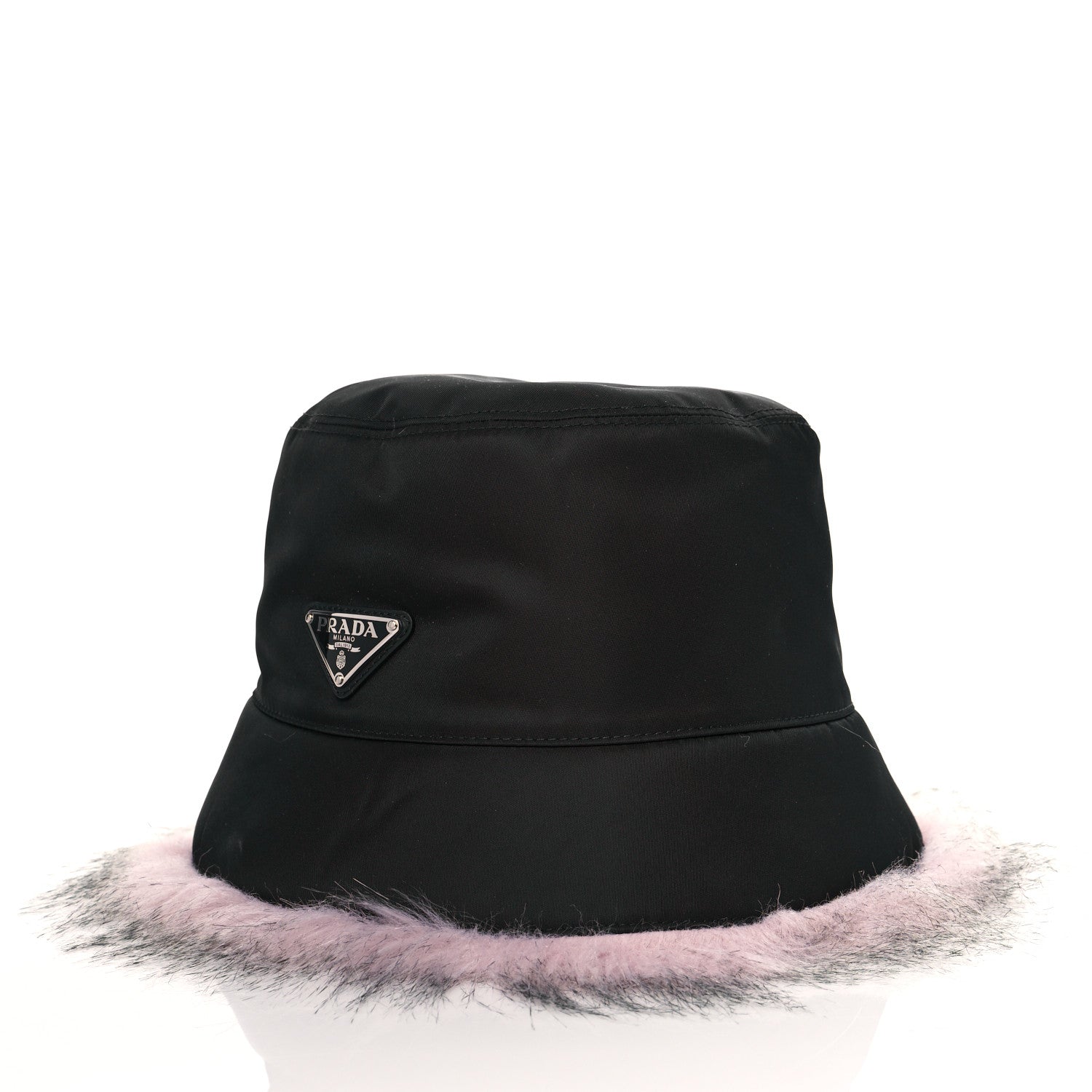 Prada Re-Nylon Faux Fur Metal Triangle Logo Womens Bucket Hat M Black Alabastro 2 of 8