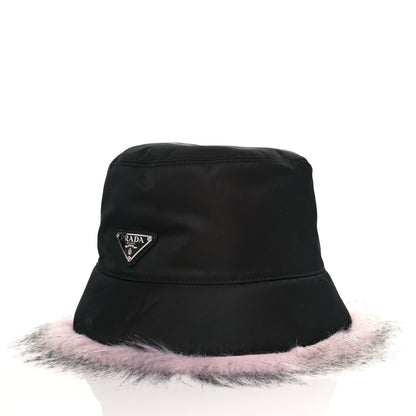 Prada Re-Nylon Faux Fur Metal Triangle Logo Womens Bucket Hat M Black Alabastro 2 of 8