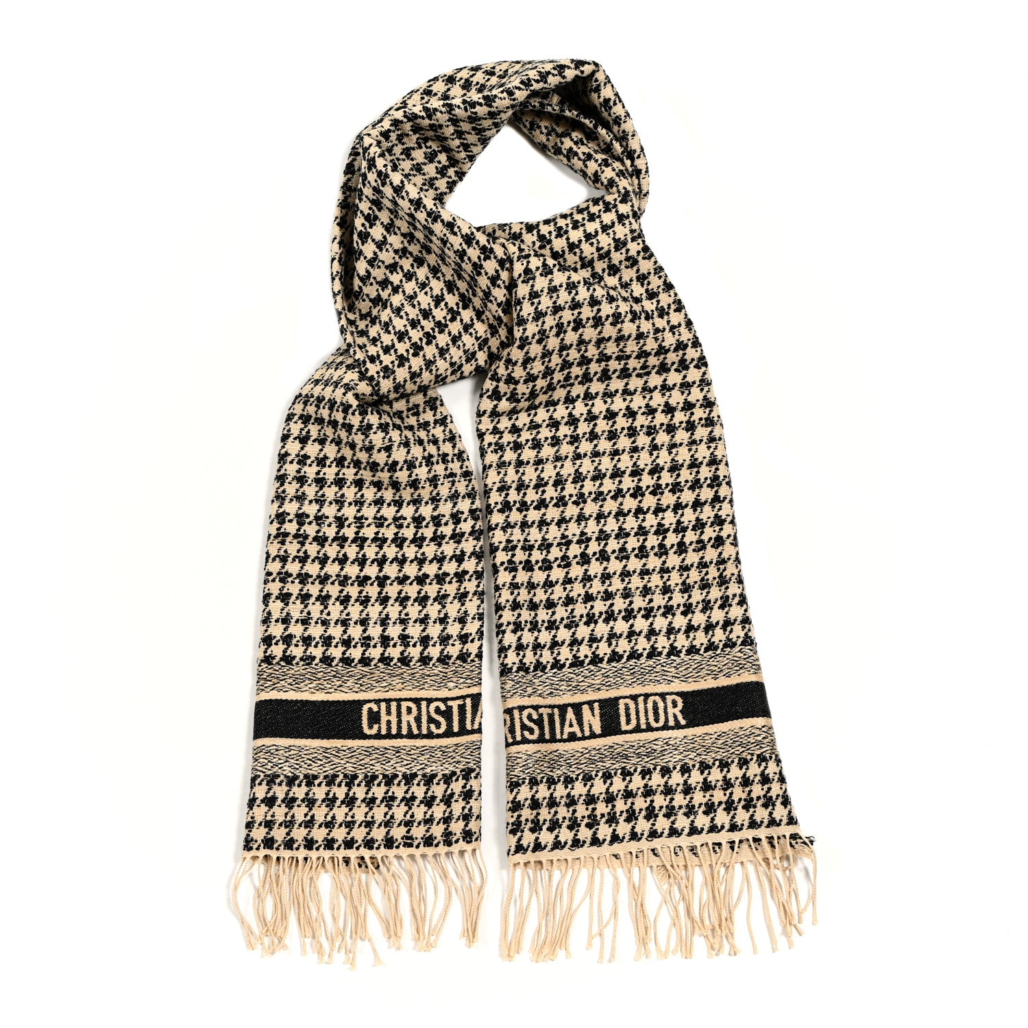 Christian Dior Wool Silk Houndstooth Fringe Scarf Beige Black 1 of 5