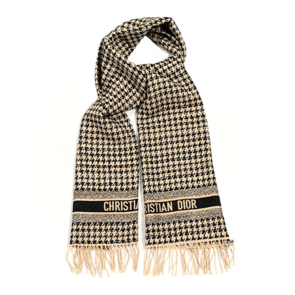 Christian Dior Wool Silk Houndstooth Fringe Scarf Beige Black 1 of 5