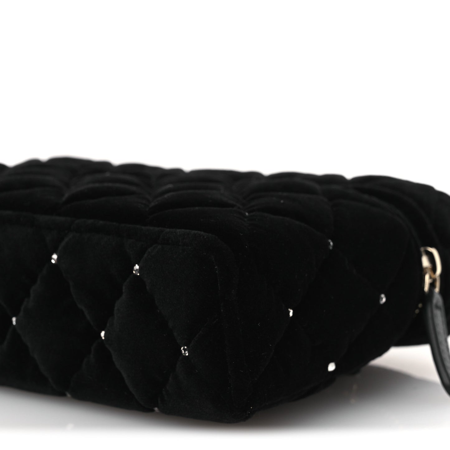 Velvet Diamanté Quilted Top Handle Slim Vanity Case With Chain Black