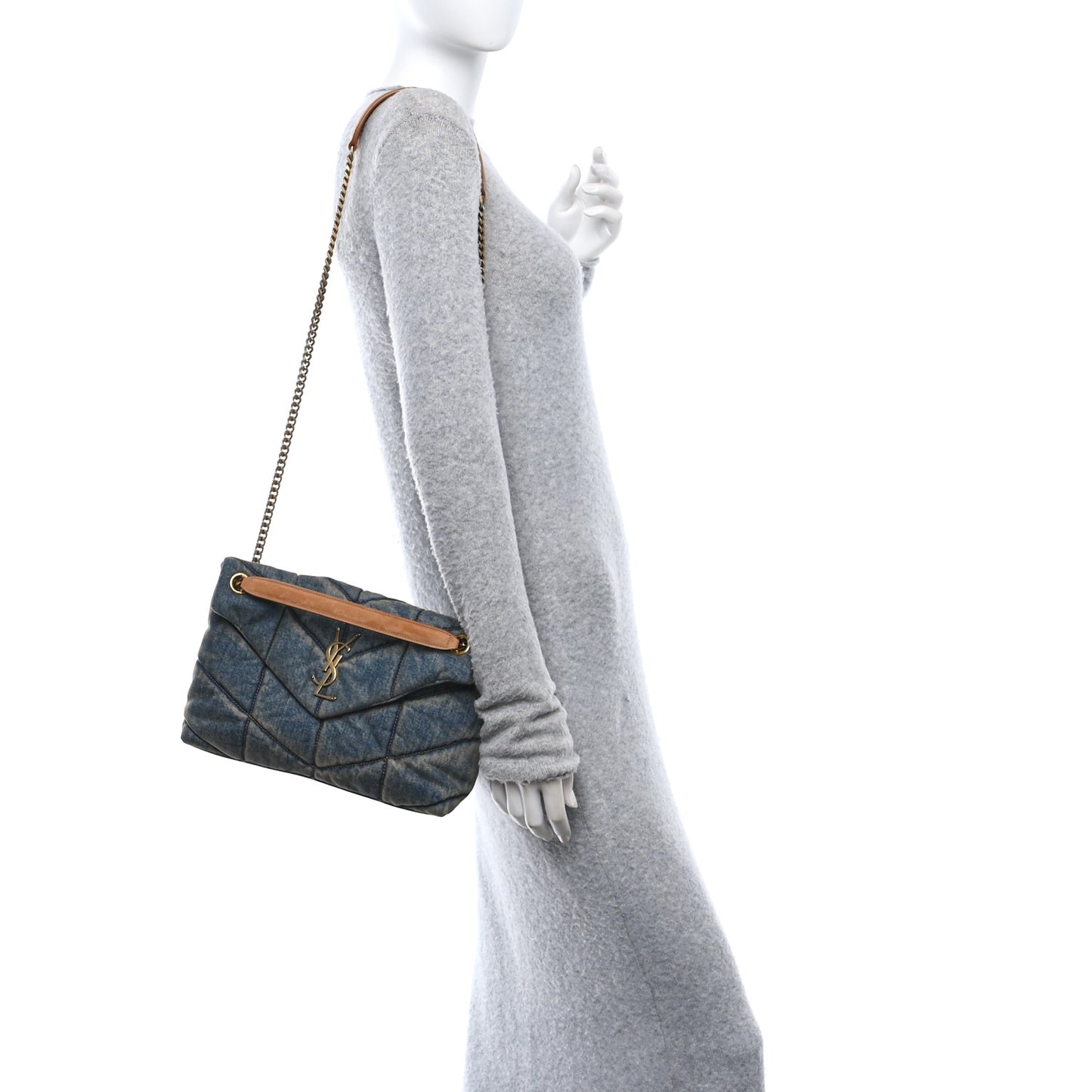 Denim Quilted Small Loulou Puffer Monogram Chain Satchel Blue Cinnamon