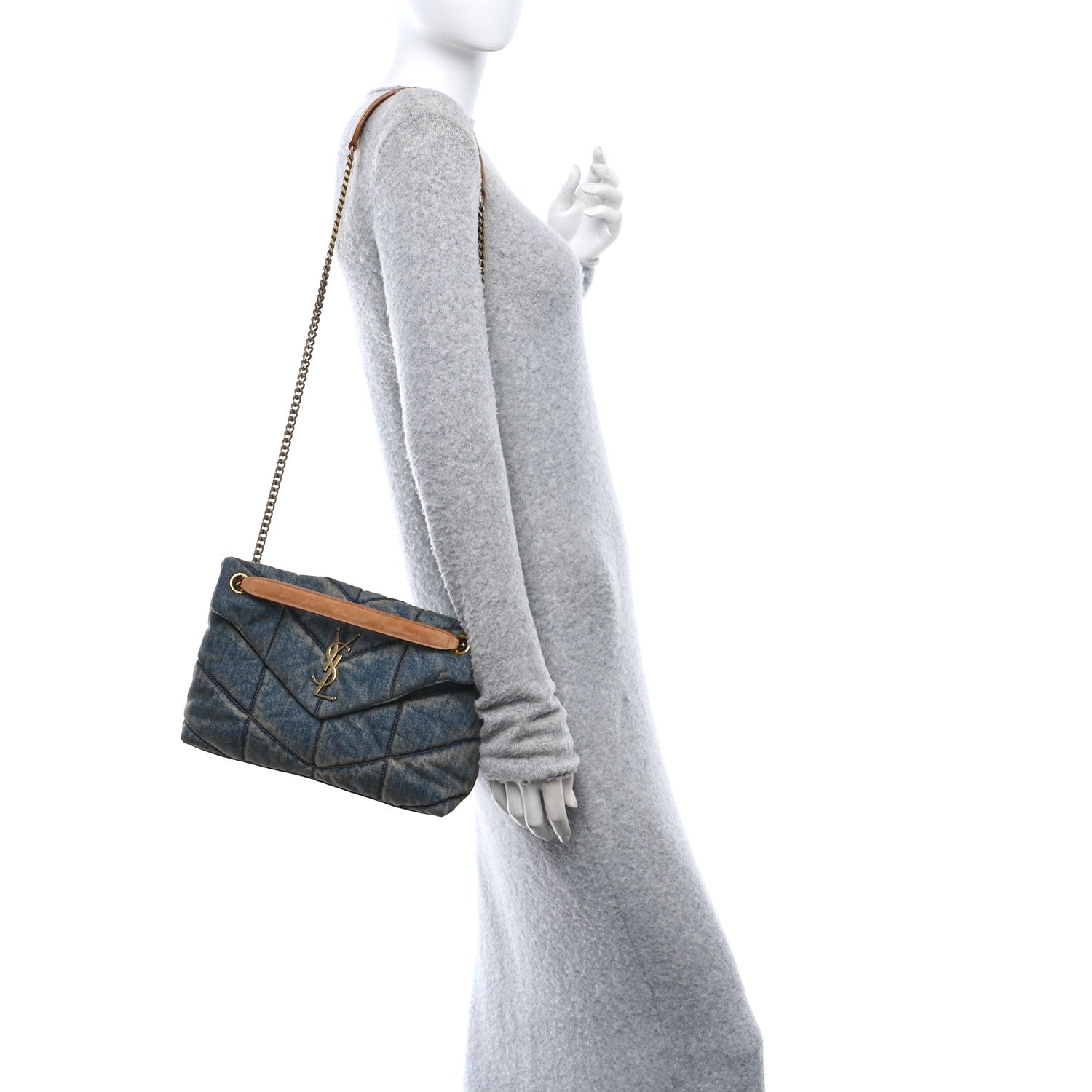 Saint Laurent Denim Quilted Small Loulou Puffer Monogram Chain Satchel Blue Cinnamon 2 of 10