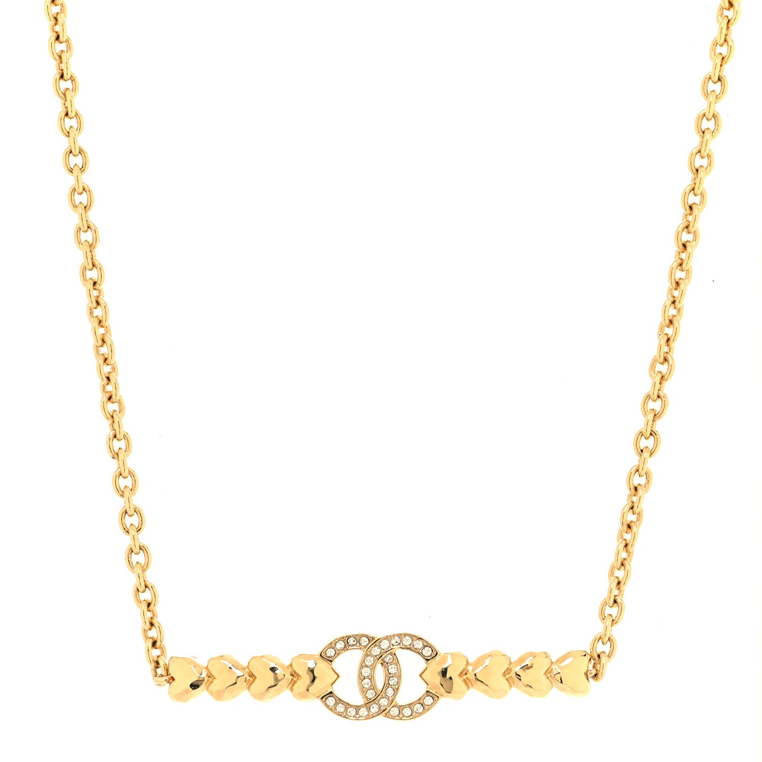 Chanel Crystal CC Heart Link Choker Necklace Gold 1 of 4
