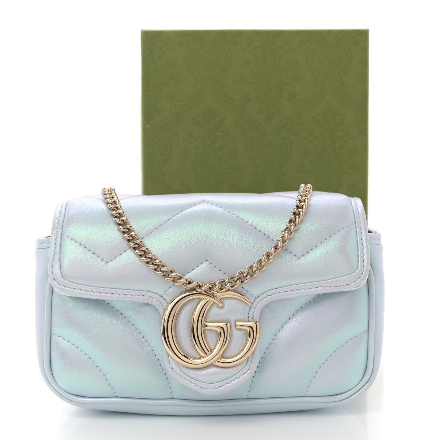 Iridescent Nappa Chevron Matelasse Super Mini GG Marmont Shoulder Bag Iridescent Snow Light Blue