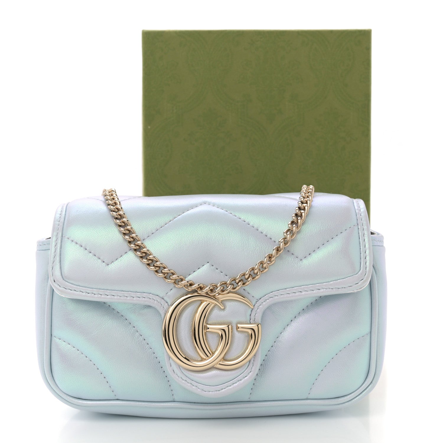 Gucci Iridescent Nappa Chevron Matelasse Super Mini GG Marmont Shoulder Bag Iridescent Snow Light Blue 11 of 11
