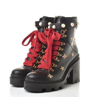 Gucci Calfskin Embroidered Lace Up Combat Ankle Boots 39 Black 3 of 11