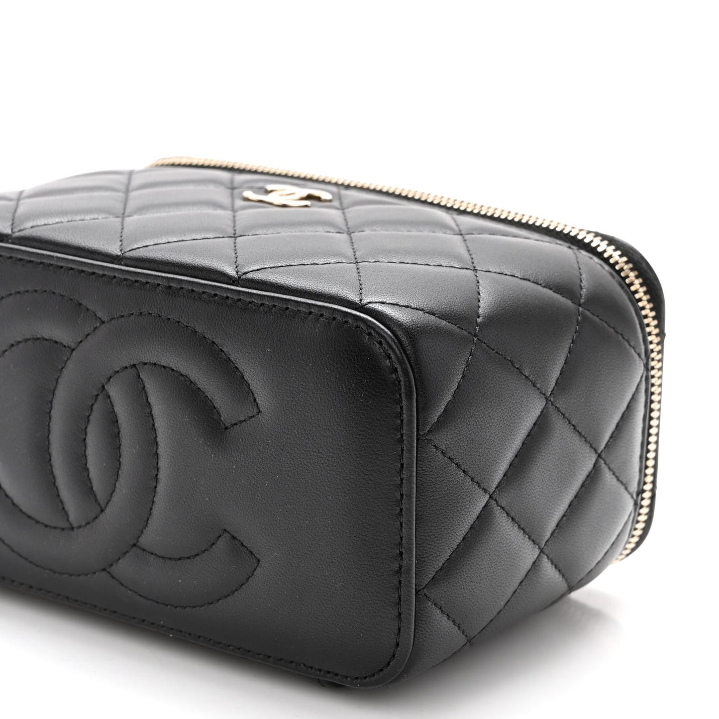 Lambskin Quilted Small Top Handle Vanity Case With Chain Black