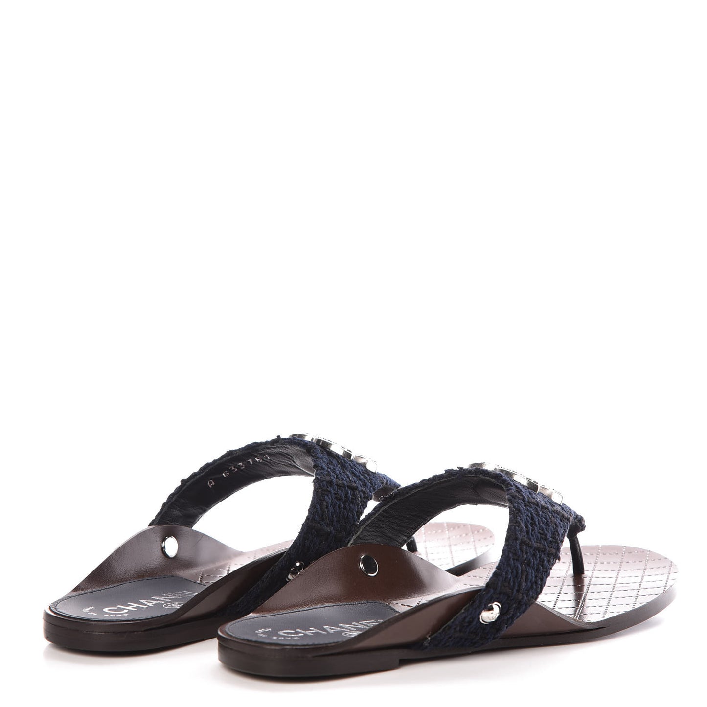 Tweed CC Thong Sandals 36 Navy Black
