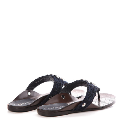 Chanel Tweed CC Thong Sandals 36 Navy Black 4 of 7