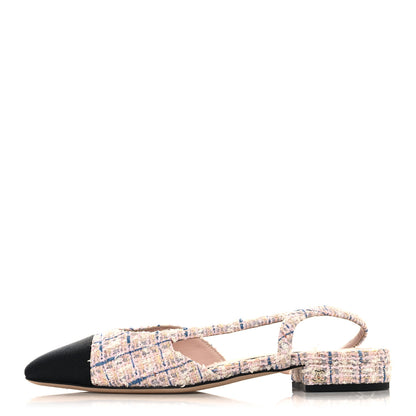 Chanel Tweed Grosgrain Cap Toe CC Slingback Flat 37.5 Pink Multicolor 1 of 10