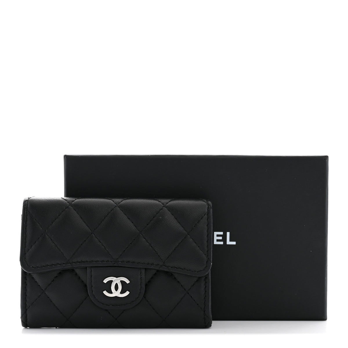 Lambskin Quilted Flap Card Holder Wallet Black
