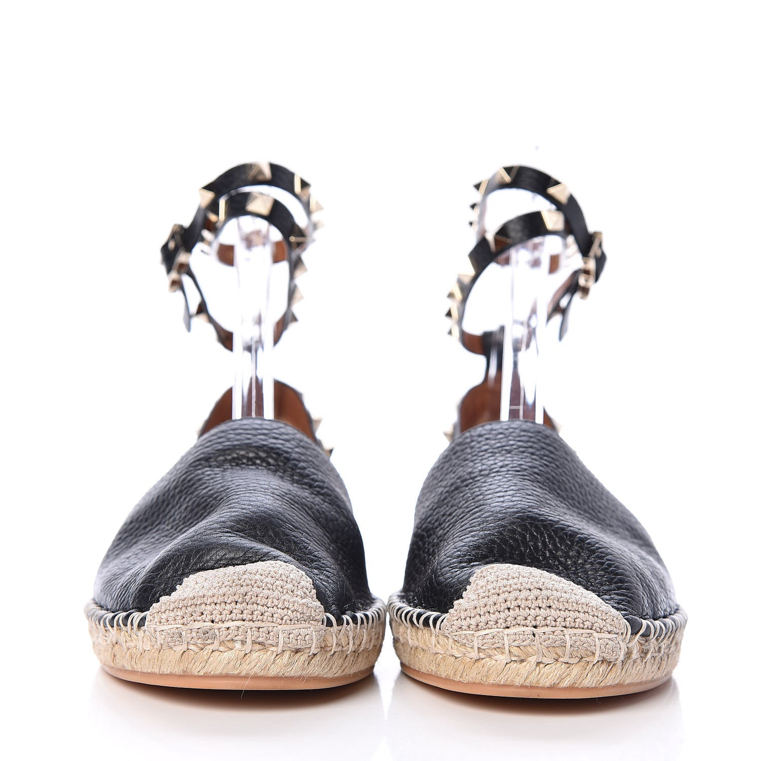 Valentino Garavani Grained Calfskin Rockstud Ankle Wrap Espadrille 20mm Flats 38 Black Light Cuir Natural 2 of 9
