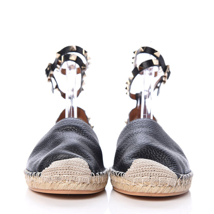 Valentino Garavani Grained Calfskin Rockstud Ankle Wrap Espadrille 20mm Flats 38 Black Light Cuir Natural 2 of 9