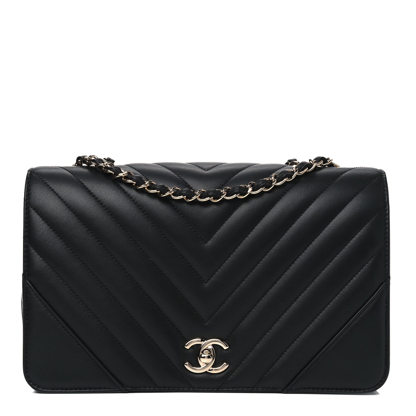Calfskin Chevron Quilted Large Statement Flap Black