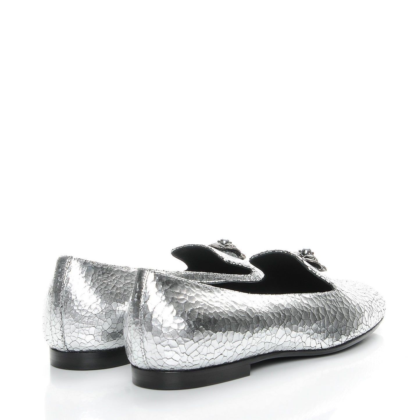 Metallic Crackled Calfskin Camellia Mocassin Loafers 37 Silver