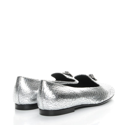 Chanel Metallic Crackled Calfskin Camellia Mocassin Loafers 37 Silver 4 of 9