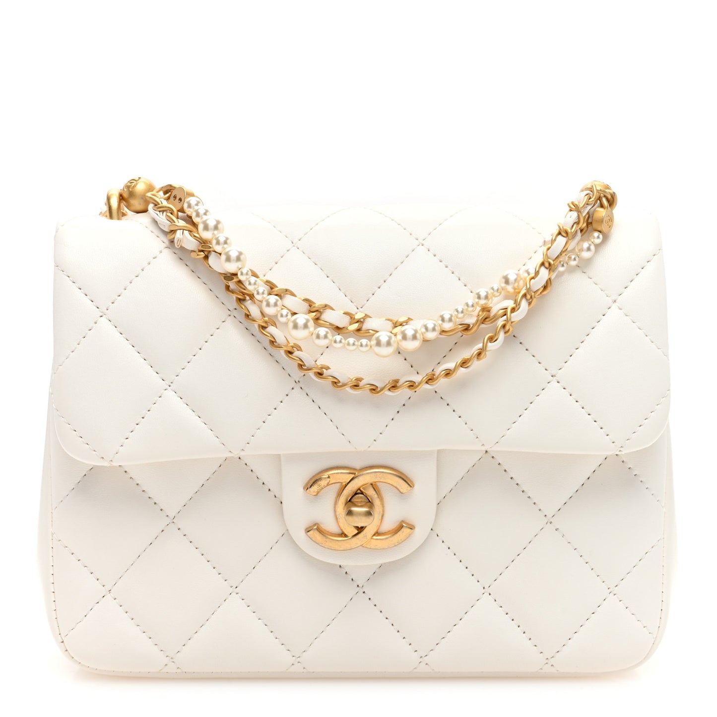 Shiny Lambskin Quilted Pearl Twist Mini Square Flap White