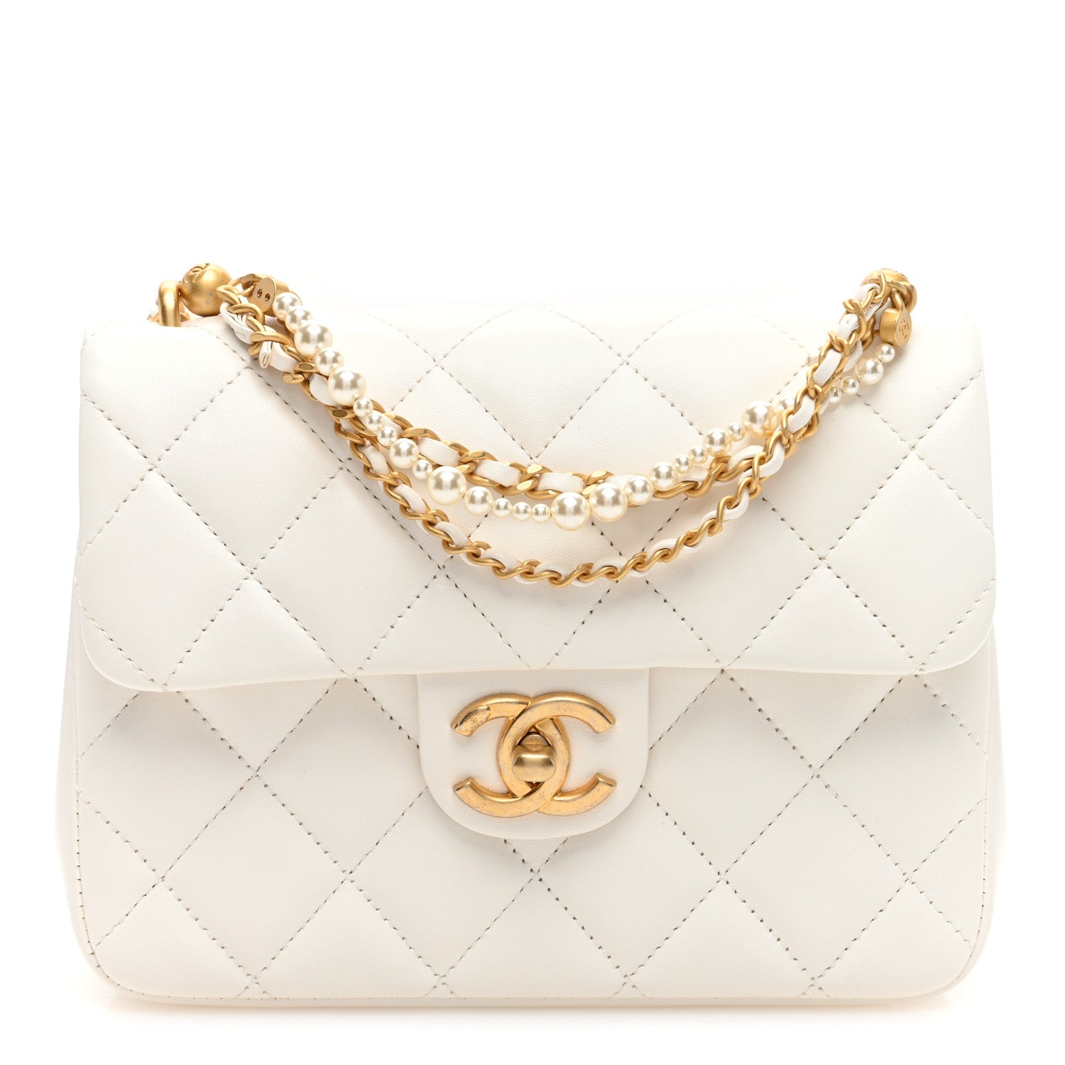 Chanel Shiny Lambskin Quilted Pearl Twist Mini Square Flap White 1 of 10