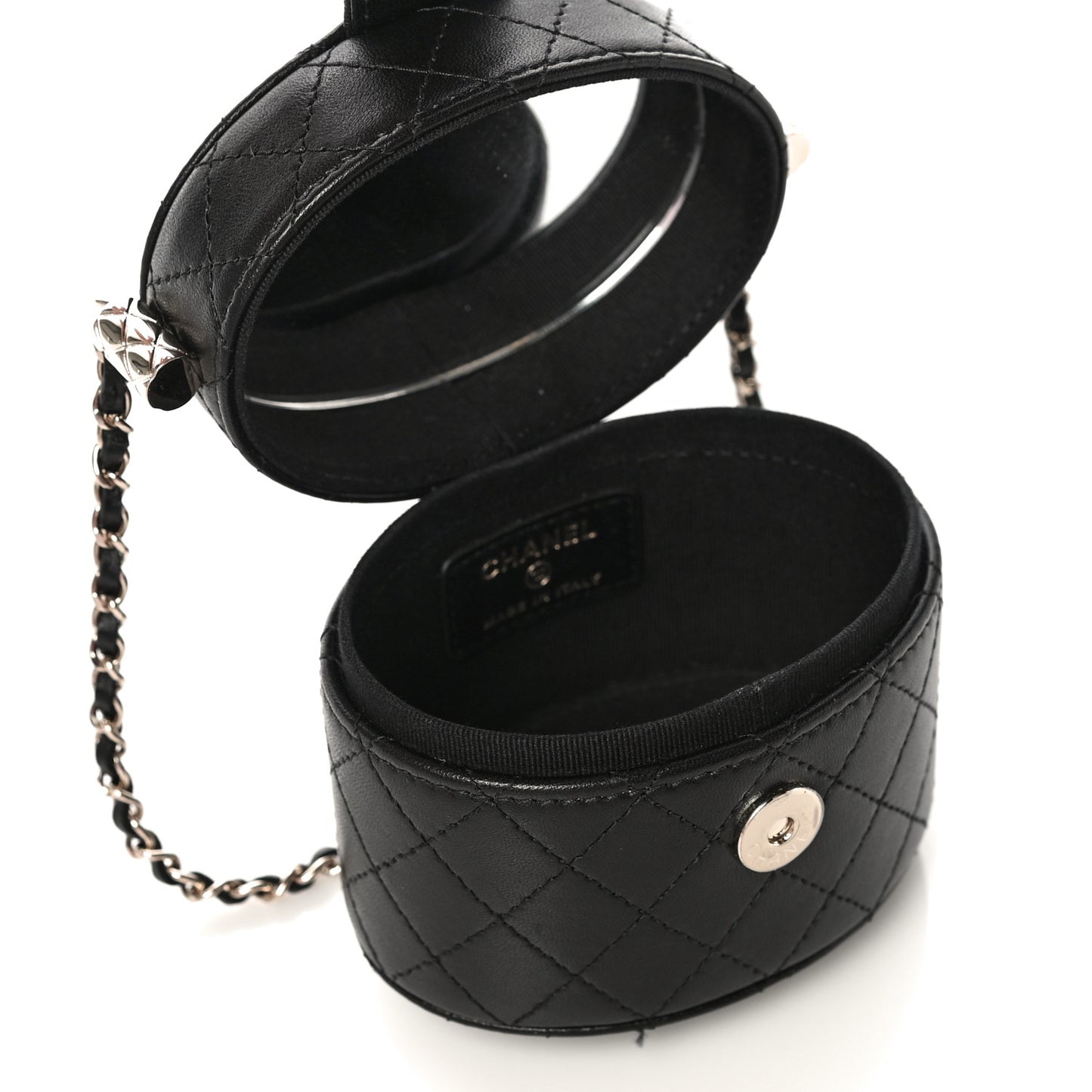 Lambskin Quilted Mini Round Vanity Case With Chain Black
