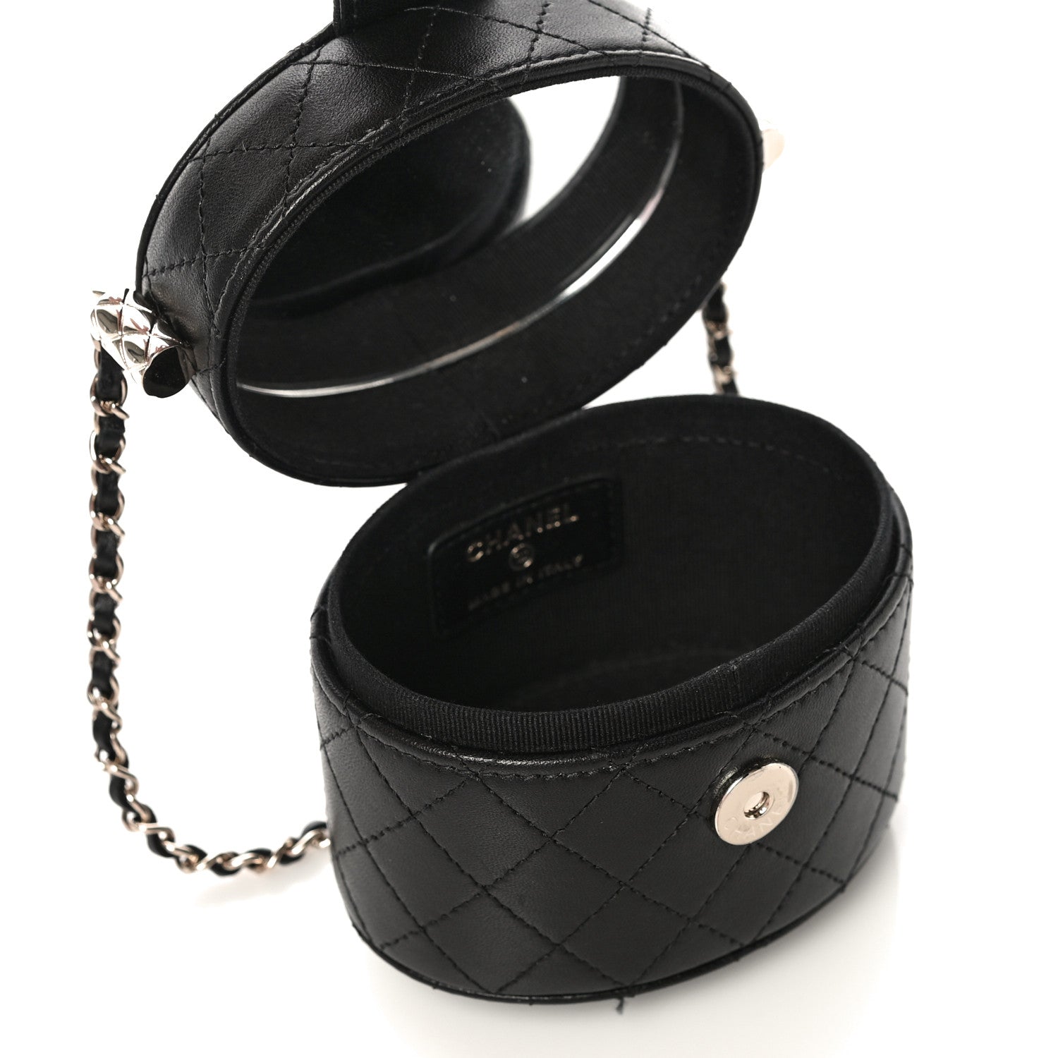Chanel Lambskin Quilted Mini Round Vanity Case With Chain Black 5 of 14