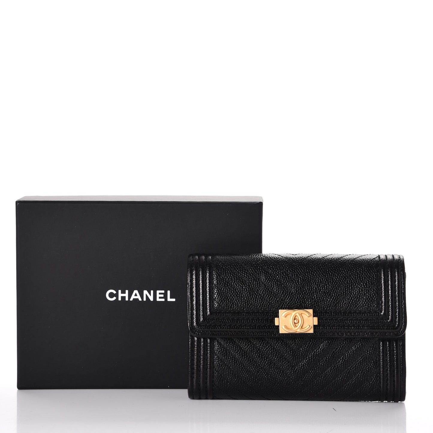 Caviar Chevron Quilted Medium Boy Flap Wallet Black