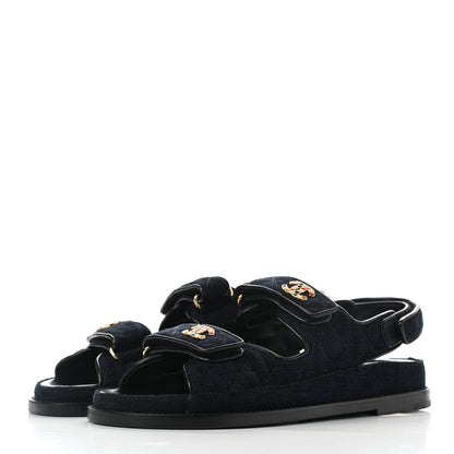 Chanel Velvet Velcro Dad Sandals 38 Navy Blue 3 of 9