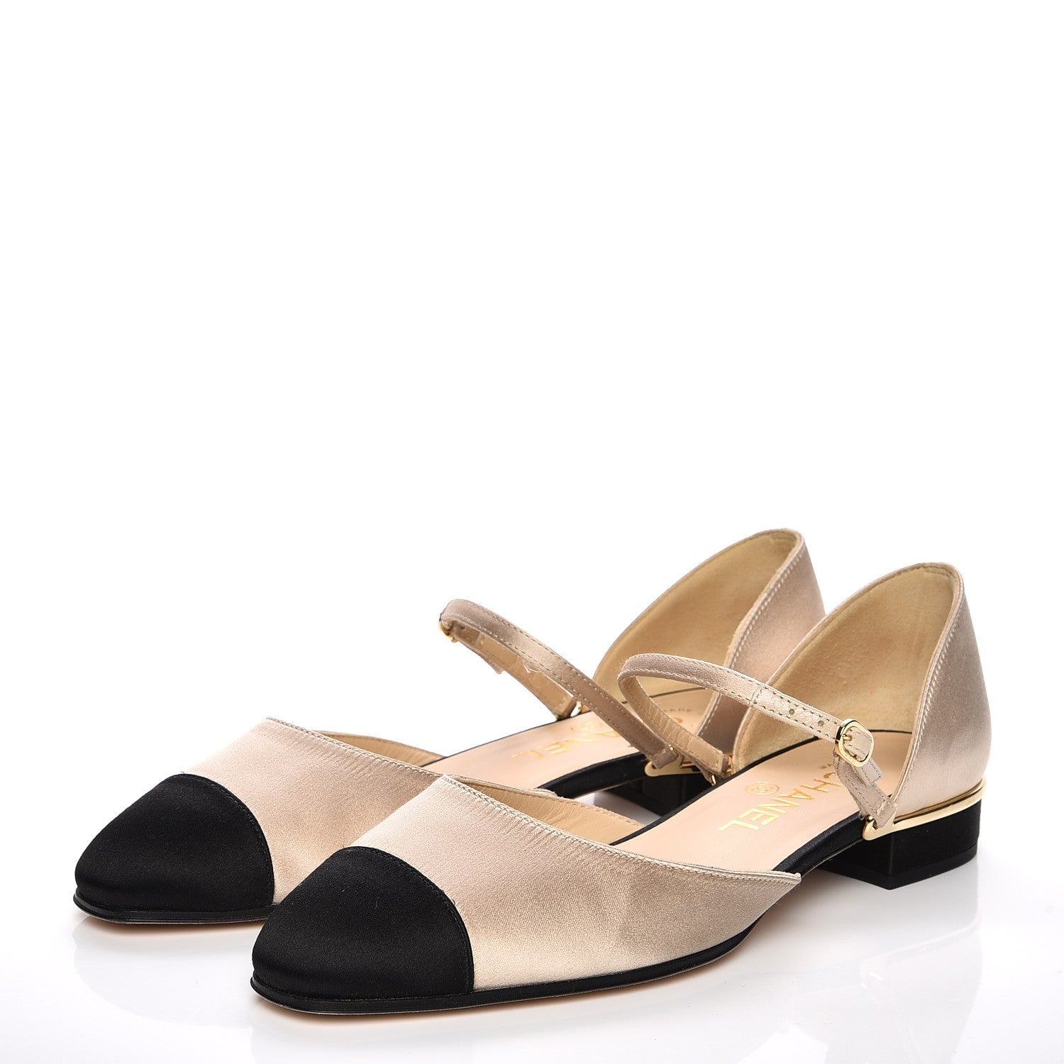 Chanel Satin Cap Toe CC Flats 37 Beige Black 3 of 9