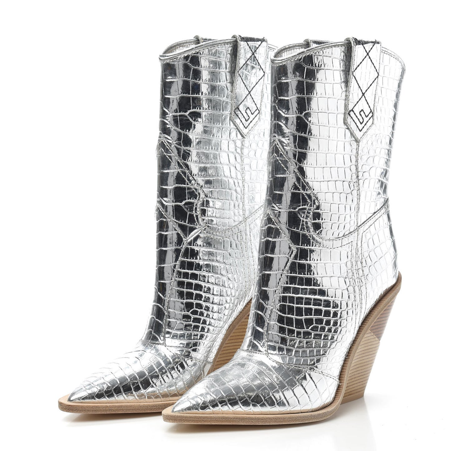 Metallic Calfskin Crocodile Embossed Cutwalk Ankle Boots 38.5 Silver