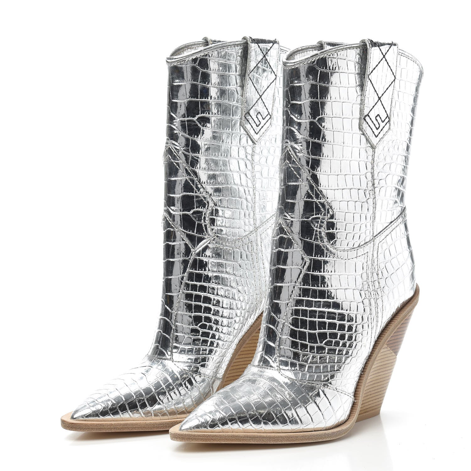 Fendi Metallic Calfskin Crocodile Embossed Cutwalk Ankle Boots 38.5 Silver 3 of 6
