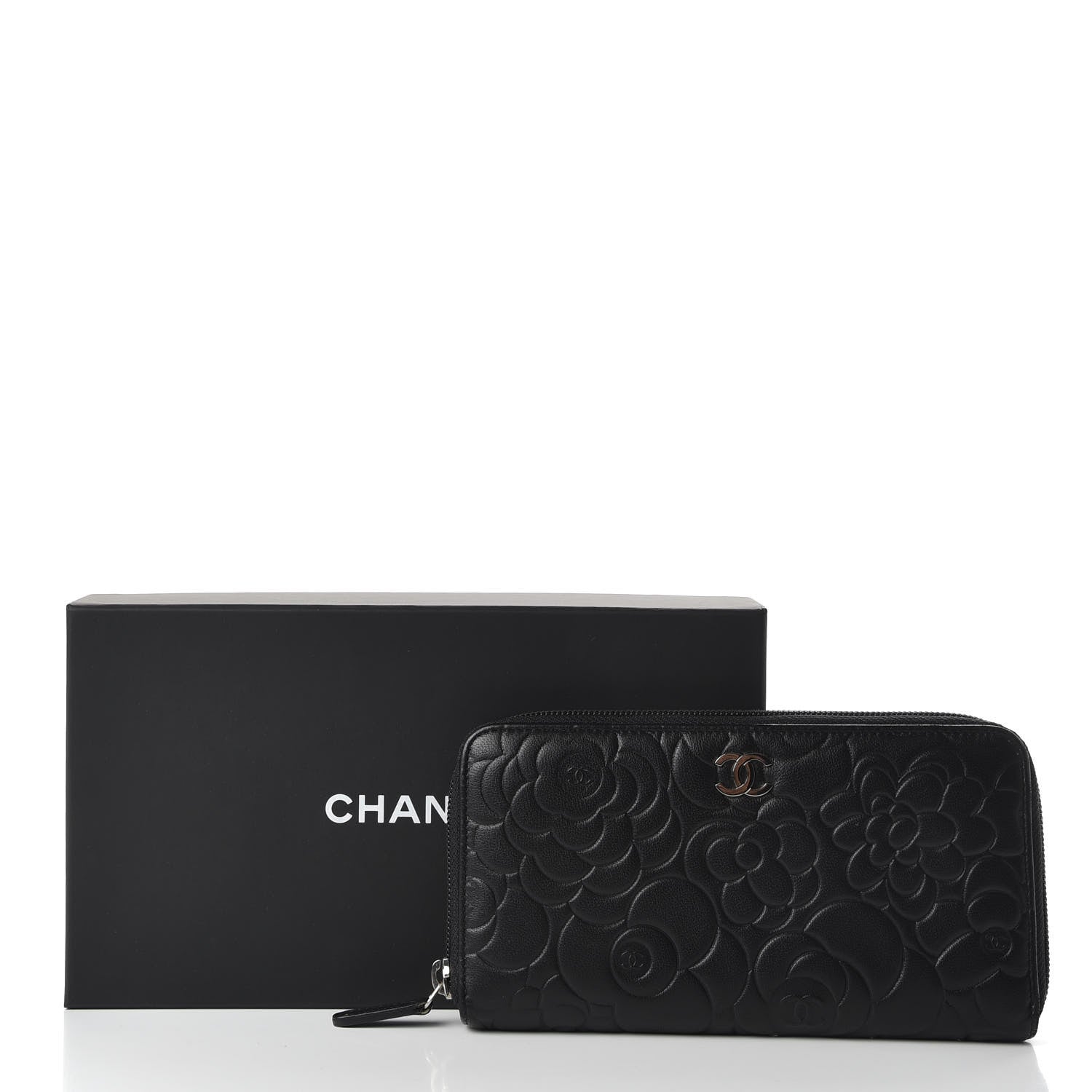 Chanel Lambskin Camellia Embossed Large Zip Around Gusset Wallet Black 8 of 8
