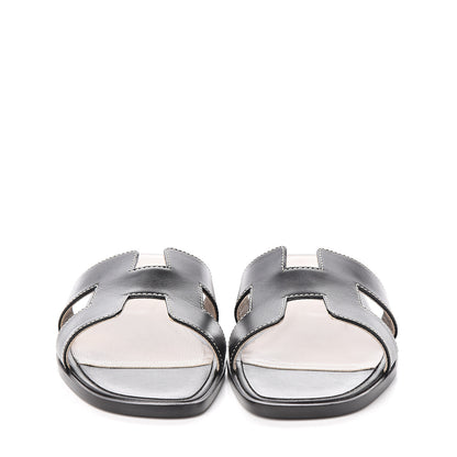 Hermes Box Calfskin Oran Sandals 37.5 Black 2 of 10