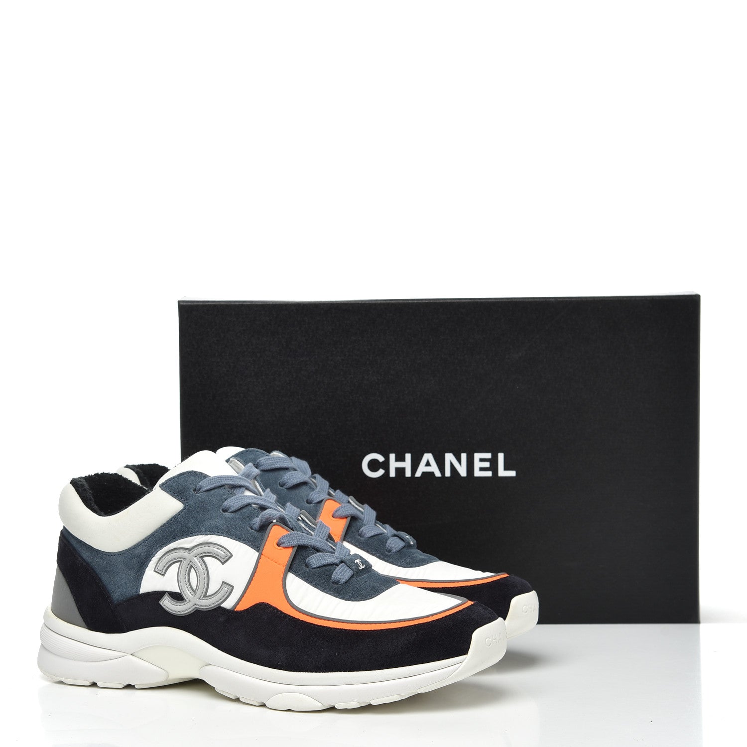 Chanel Nylon Calfskin Suede CC Womens Sneakers 41 Dark Navy White 14 of 14