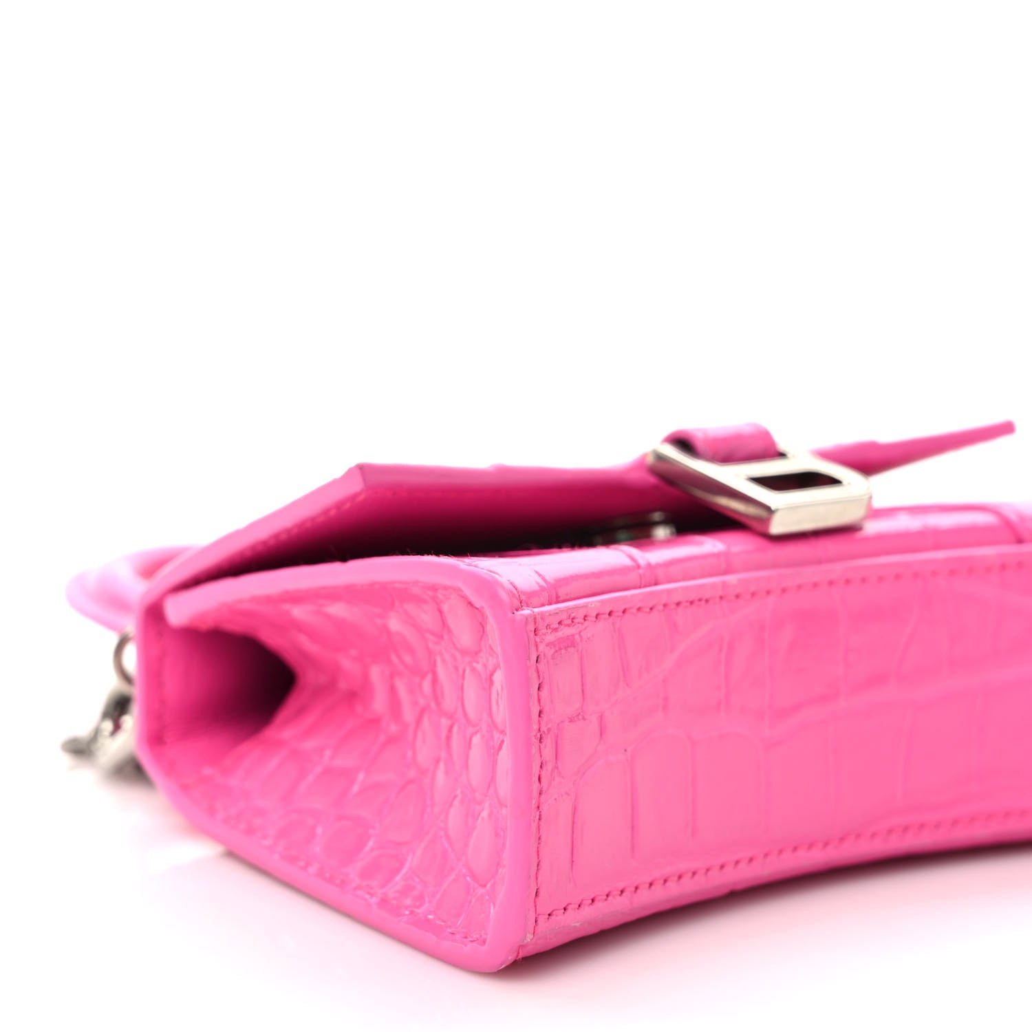 Balenciaga Shiny Calfskin Crocodile Embossed Hourglass Top Handle Bag Mini with Chain Neon Pink 7 of 9