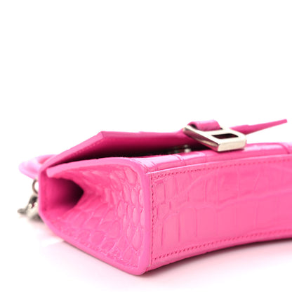 Balenciaga Shiny Calfskin Crocodile Embossed Hourglass Top Handle Bag Mini with Chain Neon Pink 7 of 9